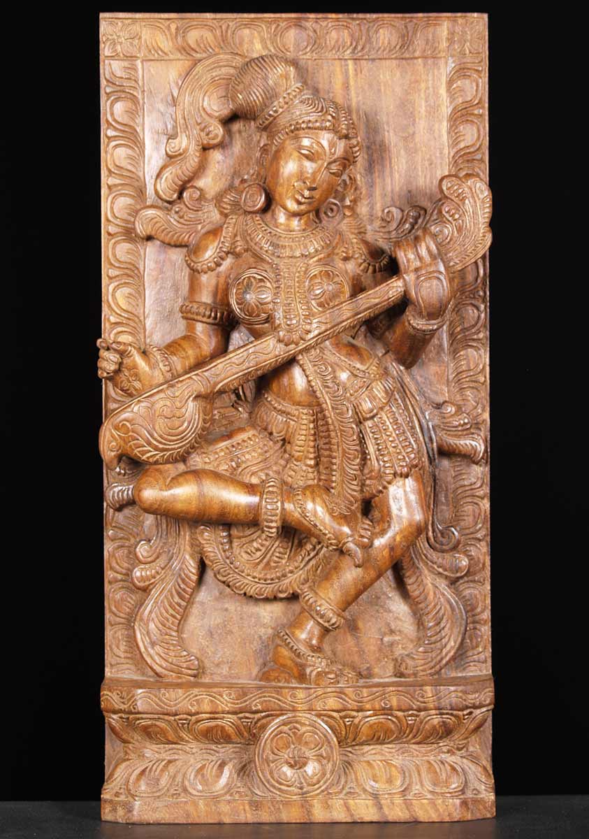 Wood Dancing Saraswati with Veena 24"